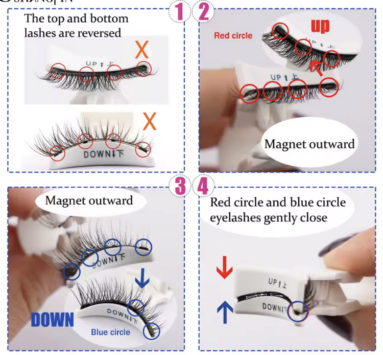 Step-by-step guide: magnet side out, top strip above your lashes, bottom strip below, then gently close